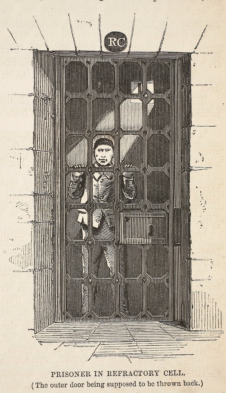 Prisionero en celda de castigo (se supone que la puerta exterior está abierta), ilustración de Las prisiones criminales de Londres y escenas de la vida en prisión de Henry Mayhew y John Binny, pub. 1862 de English School