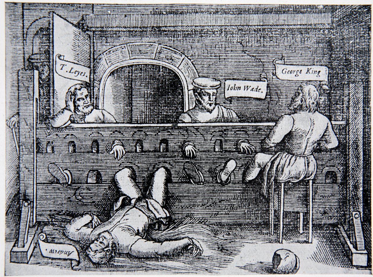 Prisioneros en la Torre de los Lollardos, de Actos y Monumentos por John Foxe (1516-87), 1563, ilustración de La Historia de la Nación de English School
