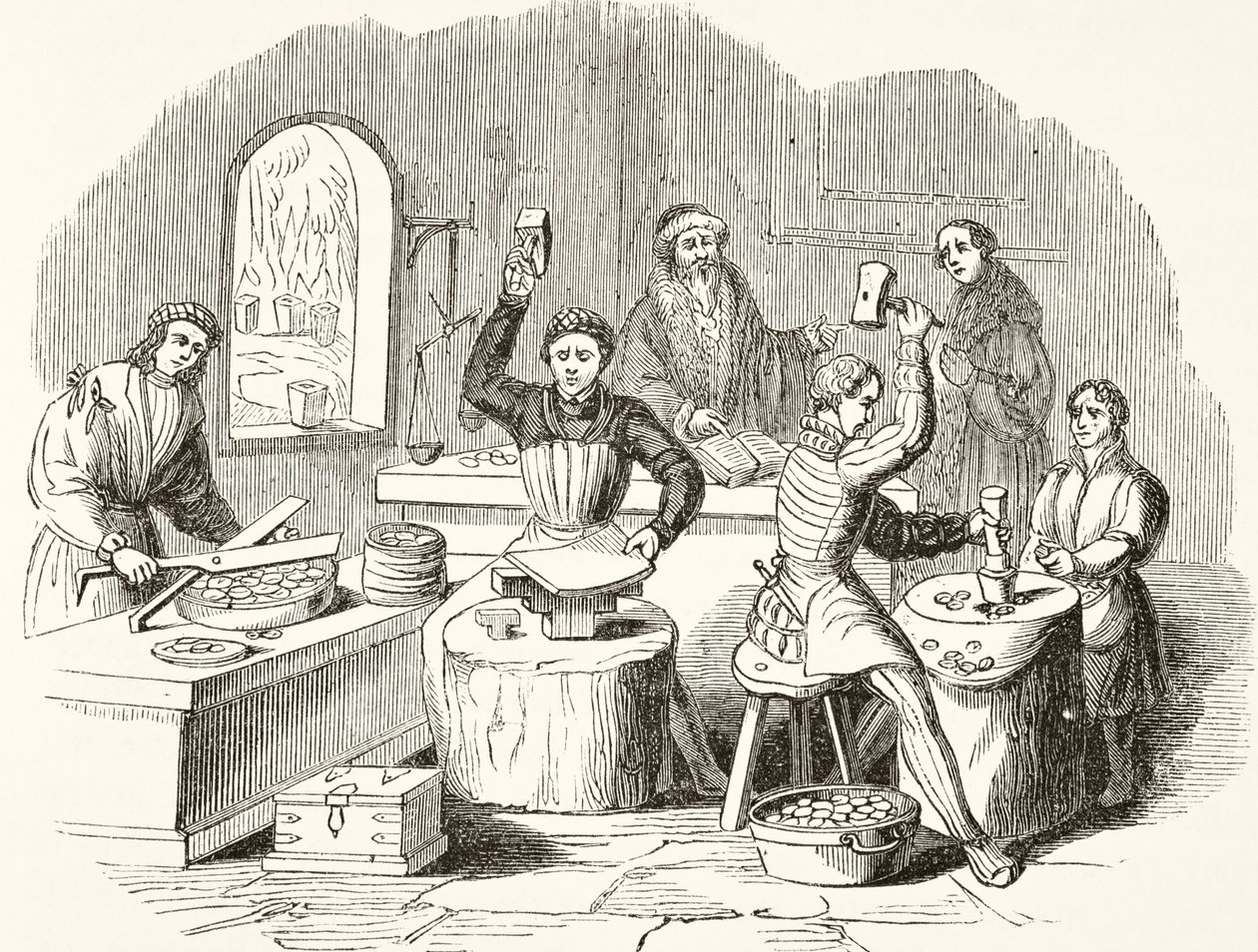 Proceso de acuñación en el siglo XVI, de The National and Domestic History of England por William Hickman Smith Aubrey, publicado en Londres, c.1890 de English School