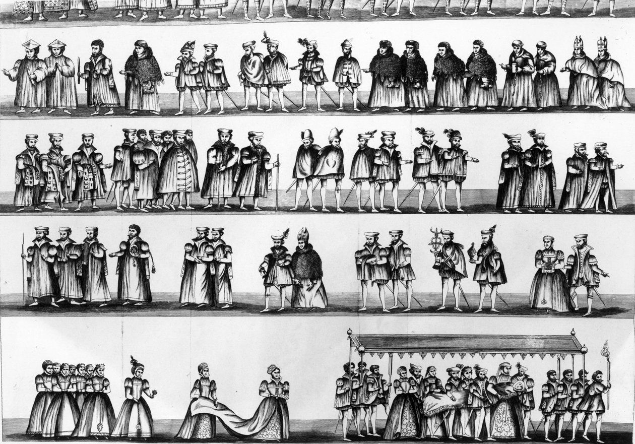 Procesión en el bautizo del Príncipe Arturo, hijo de Enrique VII, grabado en 1782 de English School