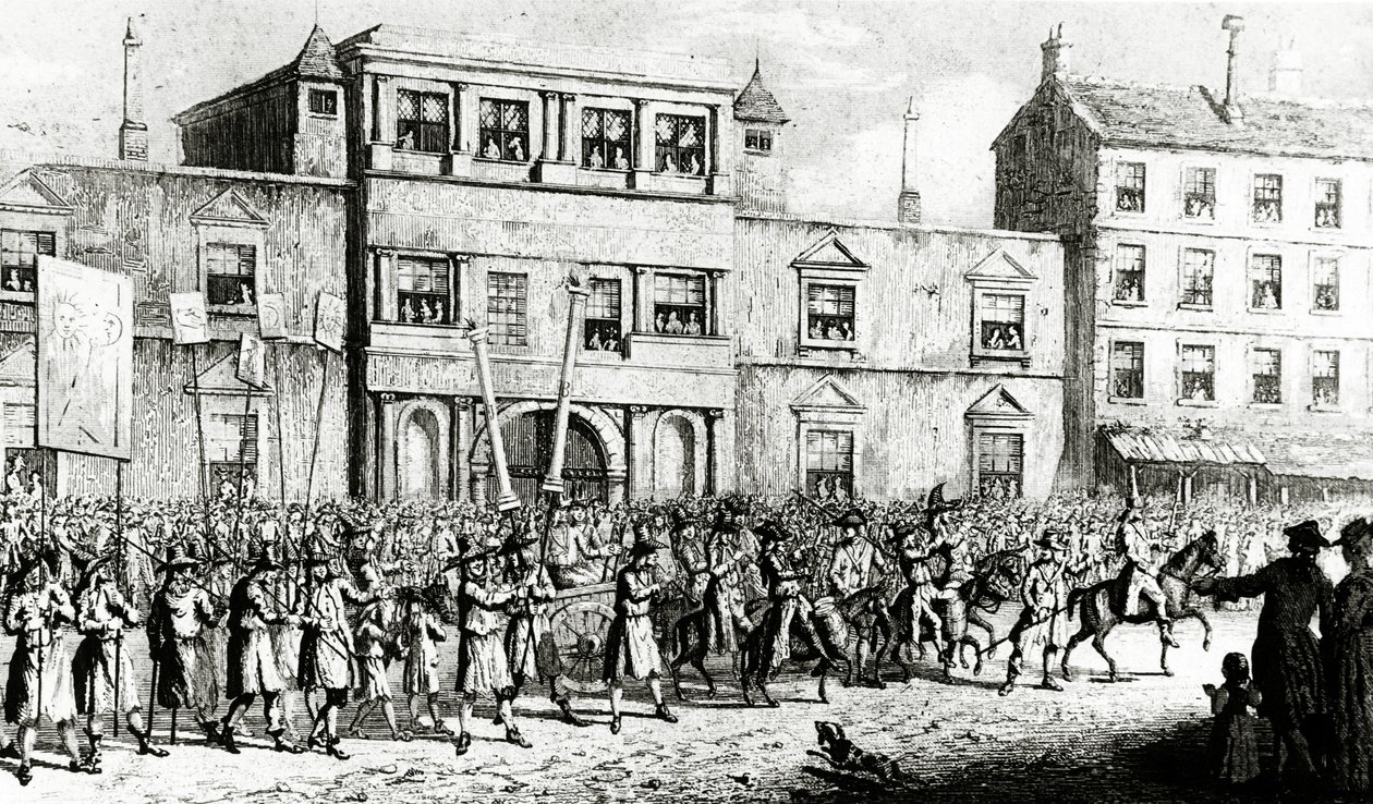 Procesión de 1741 en Londres burlándose de los masones, 1843 de English School