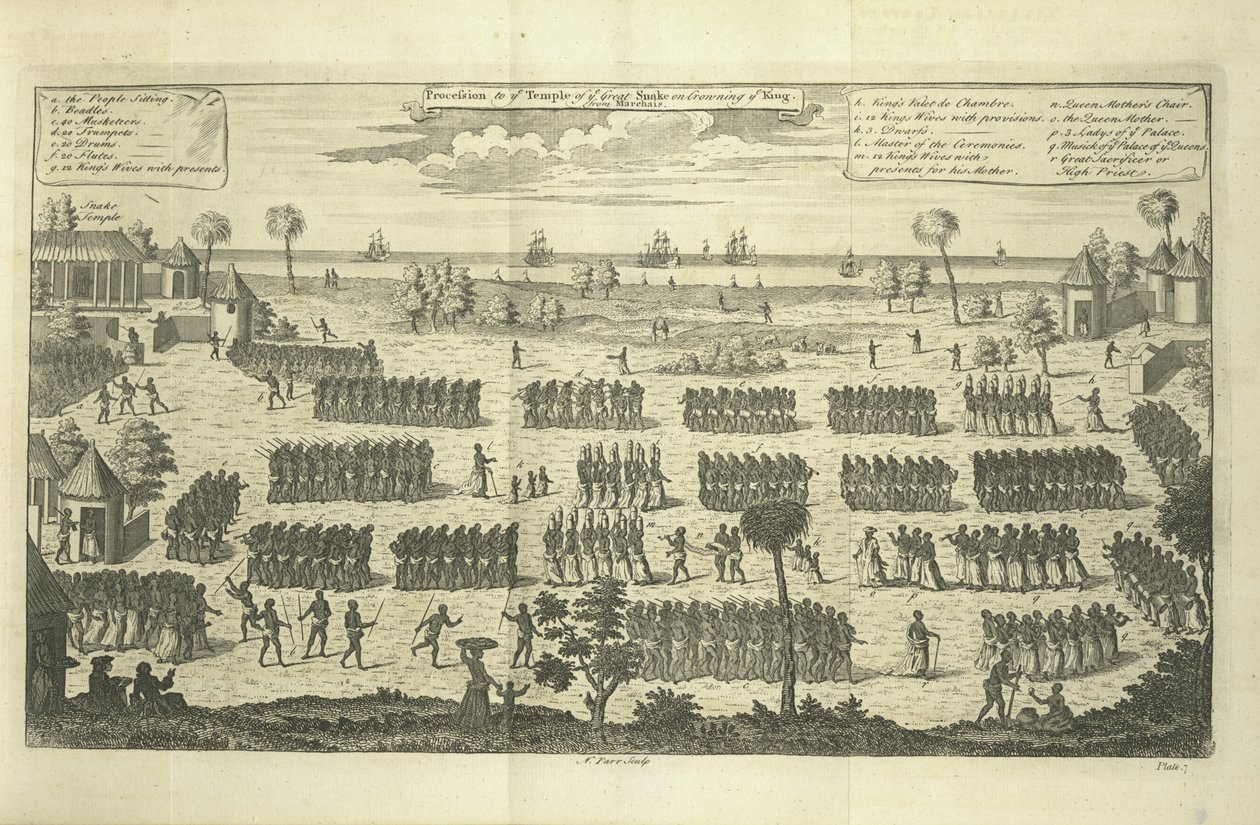 Procesión al Templo de la Gran Serpiente en la coronación del Rey, ilustración de 
