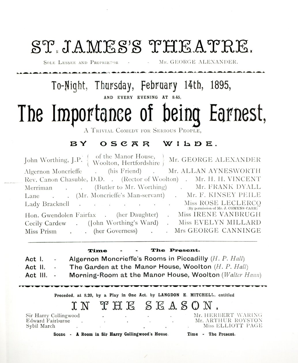 Programa para una representación de La Importancia de Llamarse Ernesto, de Oscar Wilde (1854-1900) en el Teatro St. James, 14 de febrero de 1895 de English School