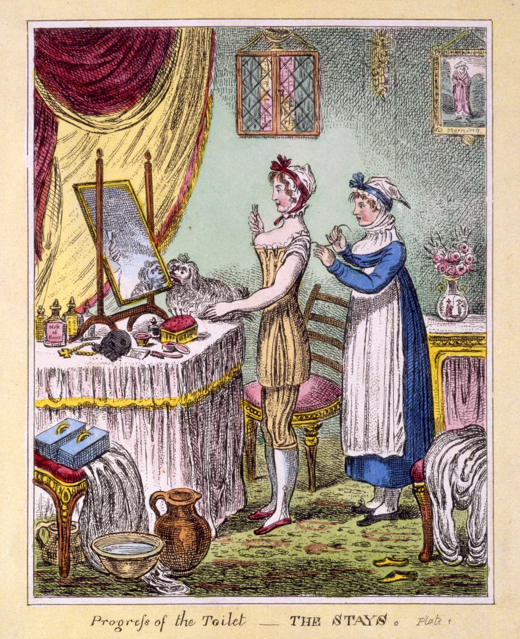 Progreso del Tocador - La Placa de los Corsés 1, pub. por McCleary, Londres, 1810 de English School