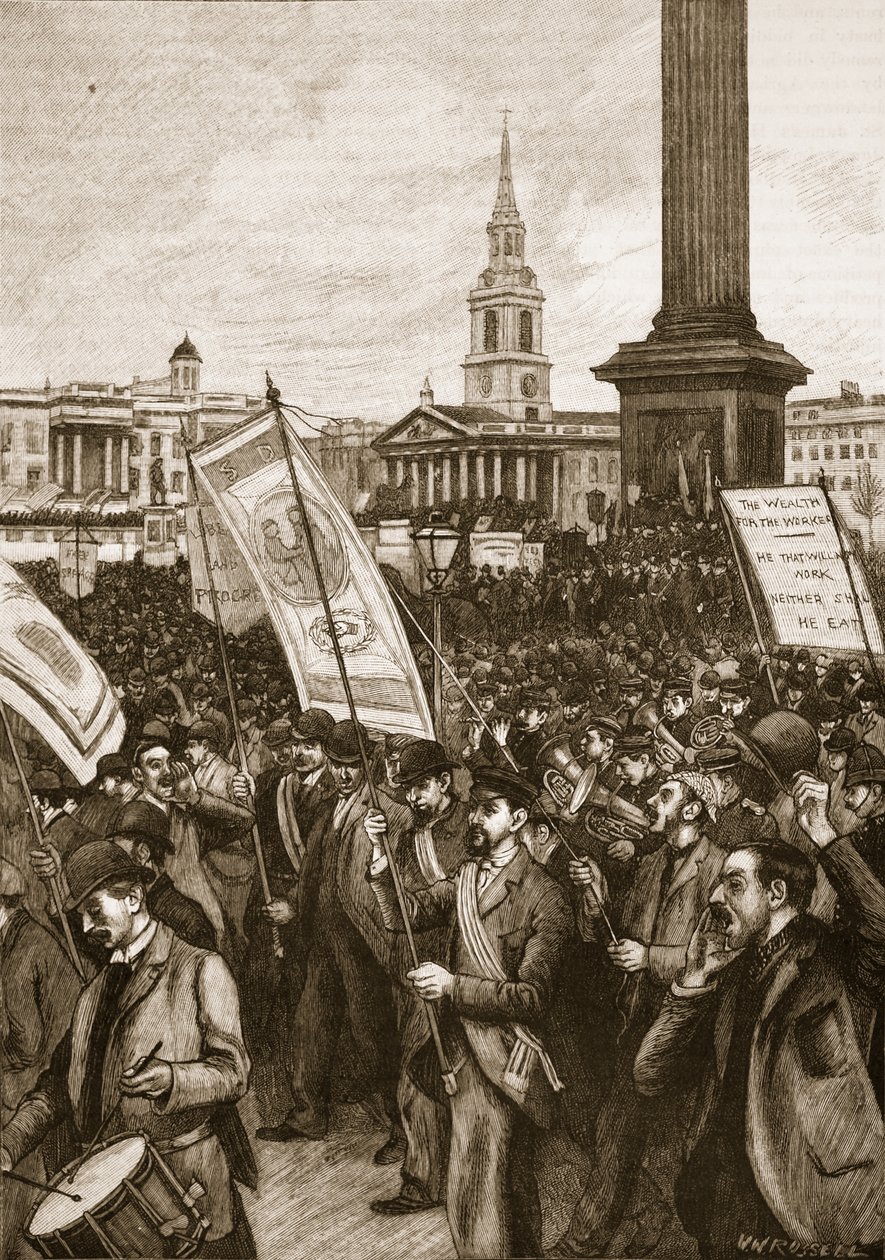 Reunión pública en Trafalgar Square en conmemoración del Domingo Sangriento, 1892, ilustración de la Historia Ilustrada de Inglaterra de Cassell de English School
