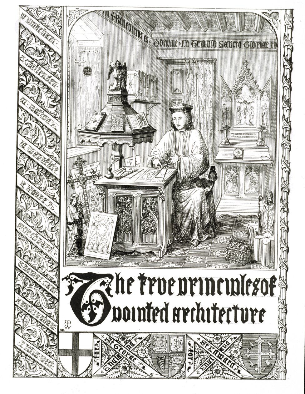 Pugin trabajando, frontispicio de Principios Verdaderos de la Arquitectura Puntiaguda o Cristiana, por Augustus Welby Northmore Pugin de English School