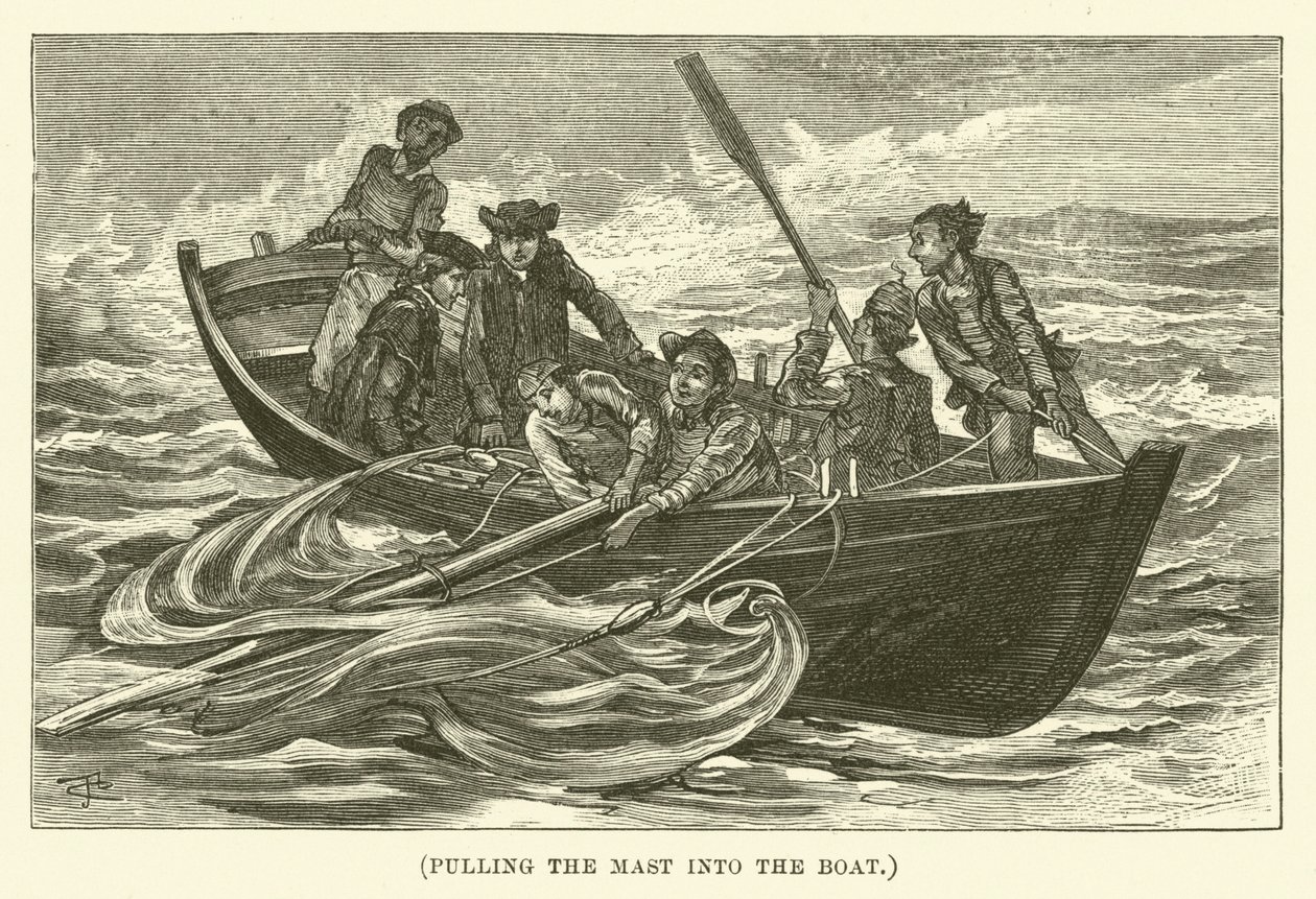 Tirando del mástil hacia el barco (grabado) de English School