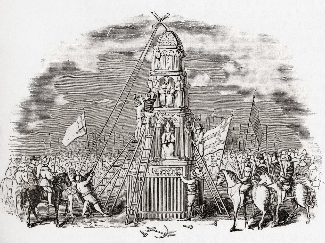 Puritanos destruyendo la Cruz de Cheapside alias Eleanor Cross, Londres, Inglaterra en 1643, de Old England: A Pictorial Museum, pub. 1847 de English School