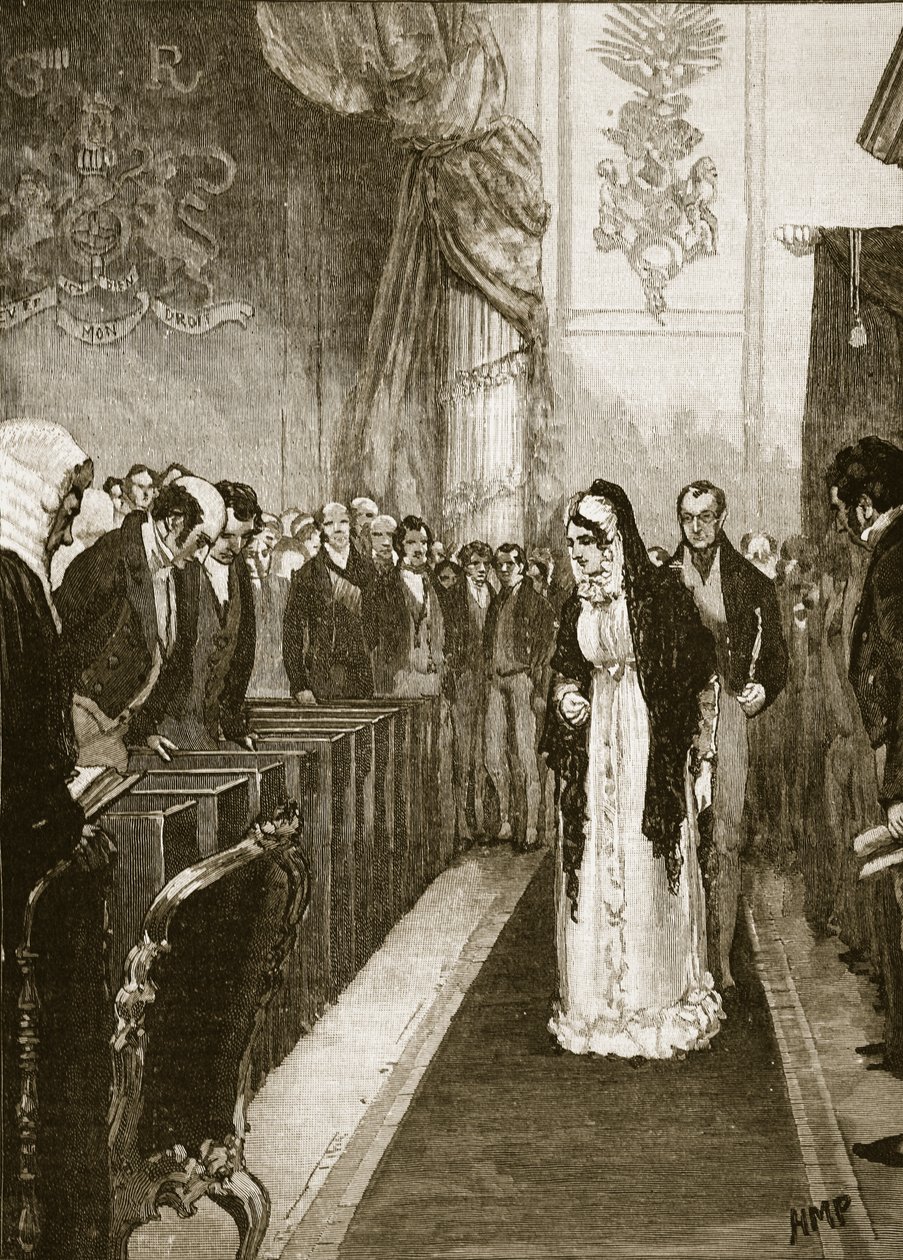 La Reina Carolina entrando en la Cámara de los Lores, ilustración de Cassells Illustrated History of England de English School