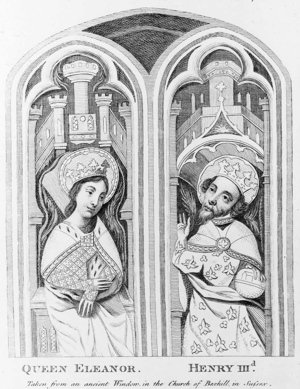 Reina Leonor y Enrique III, tomado de una ventana antigua en la Iglesia de Boxhill, Sussex de English School