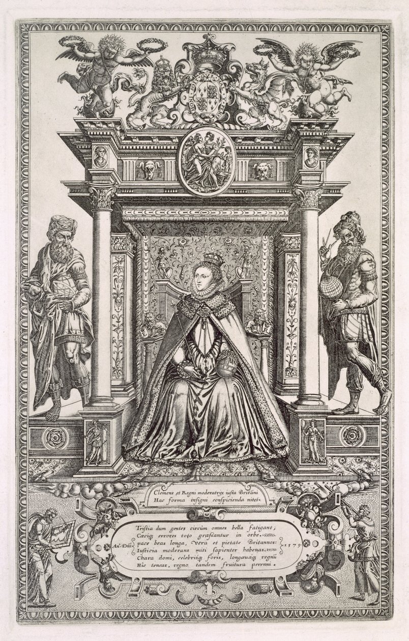 La Reina Isabel I (1533-1603) como Patrona de la Geografía y la Astronomía, Frontispicio de un libro de Mapas Sajones de Inglaterra, 1579 de English School