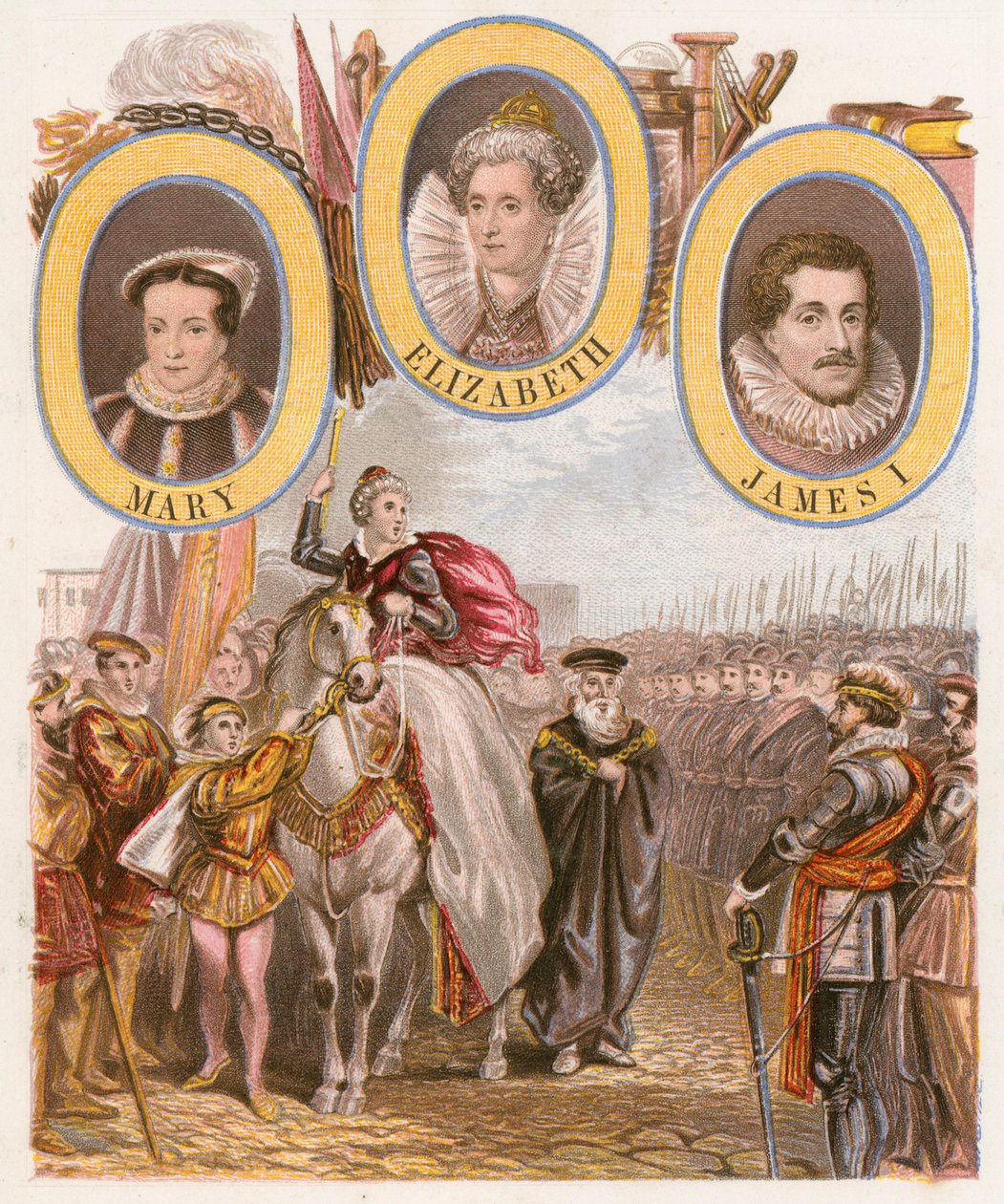 Discurso de la Reina Isabel I sobre la Armada (grabado en color) de English School