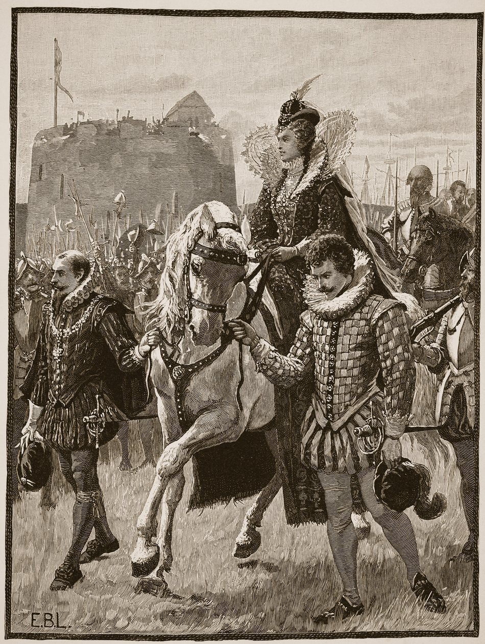 La reina Isabel en Tilbury, ilustración de la Historia Ilustrada de Inglaterra de Cassell de English School
