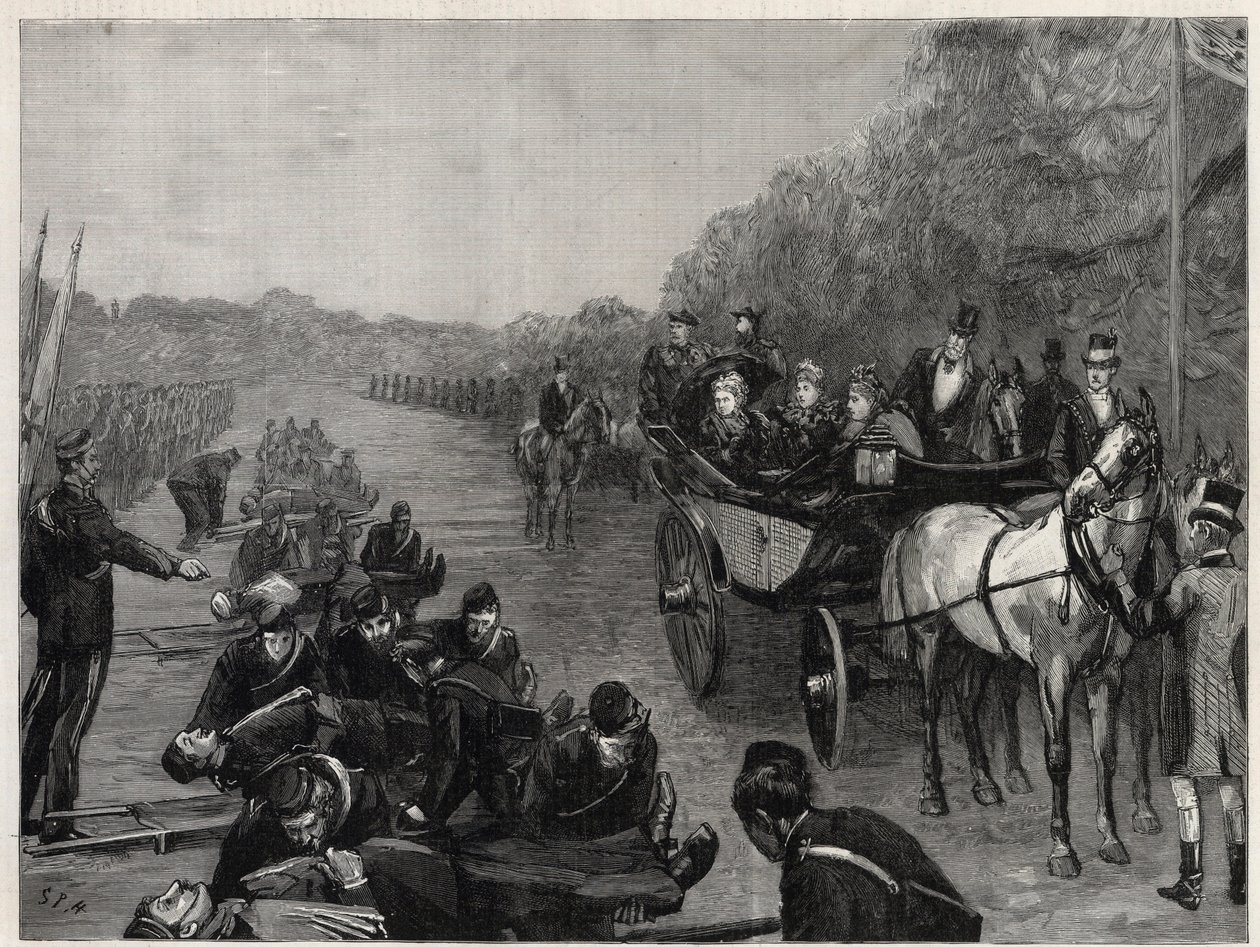 Reina Victoria - La inspección por Su Majestad la Reina del Cuerpo de Ambulancias del Coronel Seey en Windsor Park. Ilustración para The Graphic de English School