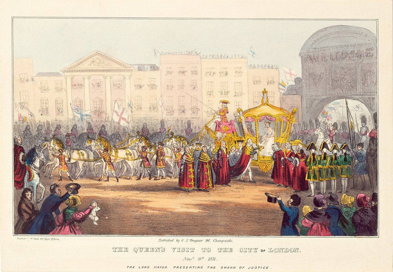 La Reina Victoria entrando en la Ciudad de Londres en Temple Bar, grabado por G. Tregear, 1837 de English School