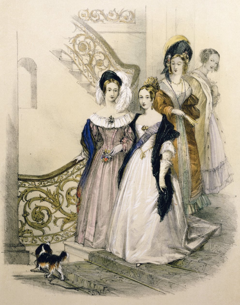 La reina Victoria en una escalera con damas de compañía de English School
