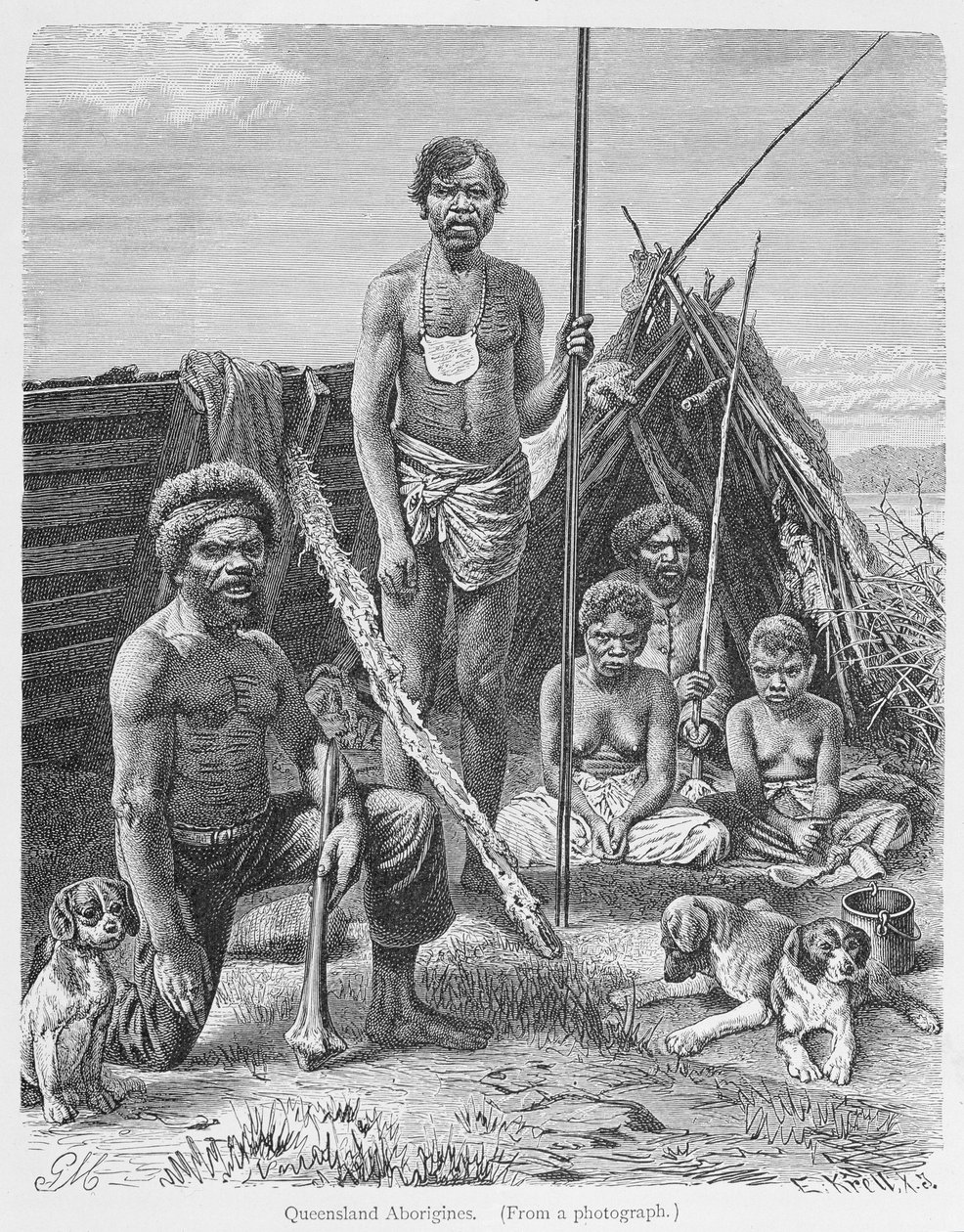 Aborígenes de Queensland, grabado de una fotografía por E. Krell, de 