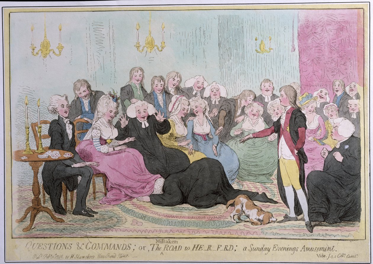 Preguntas y órdenes, o El camino equivocado a Hereford: una diversión de domingo por la noche, publicado por Hannah Humphrey en 1788 de English School