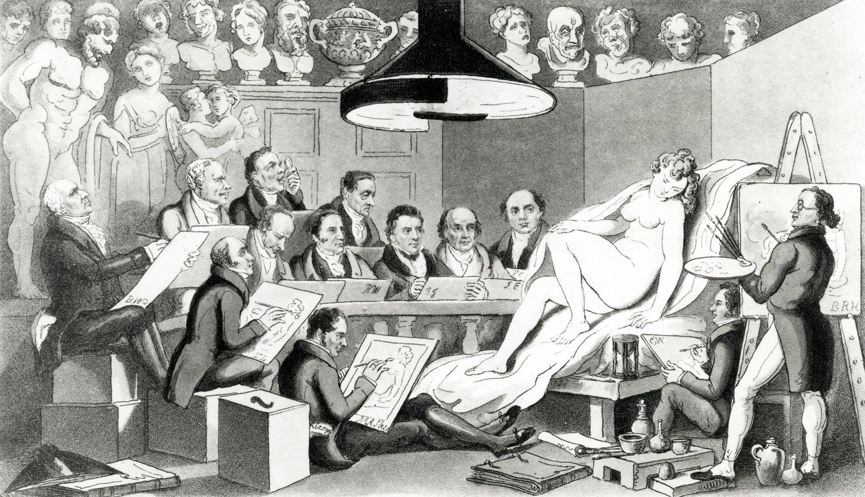 R. A.s de genio reflexionando sobre la verdadera línea de la belleza en la Academia de Vida de Somerset House, publicado por Sherwood, Jones & Co., 1824 de English School