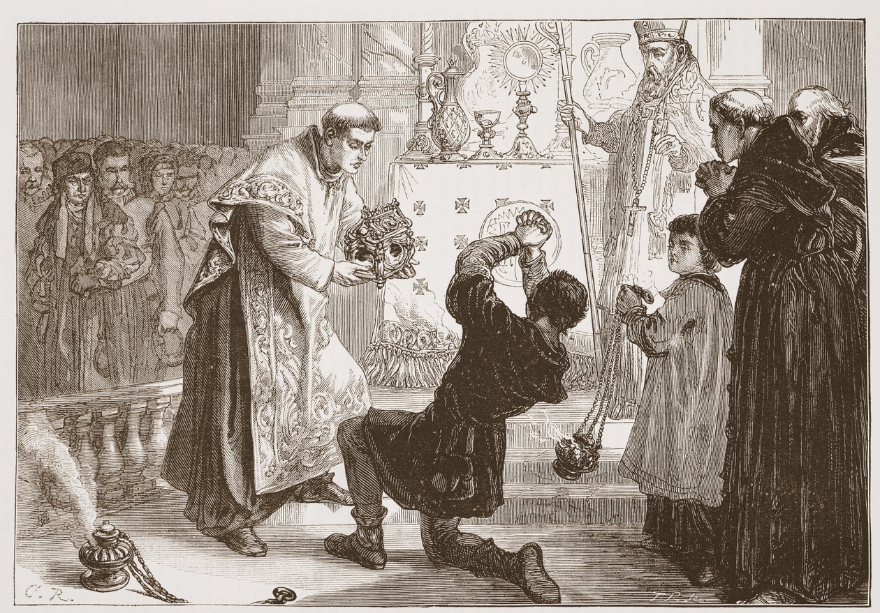 El milagro de Radziwill: curando a un falso endemoniado, ilustración de La Historia del Protestantismo de James Aitken Wylie (1808-1890), pub. 1878 de English School