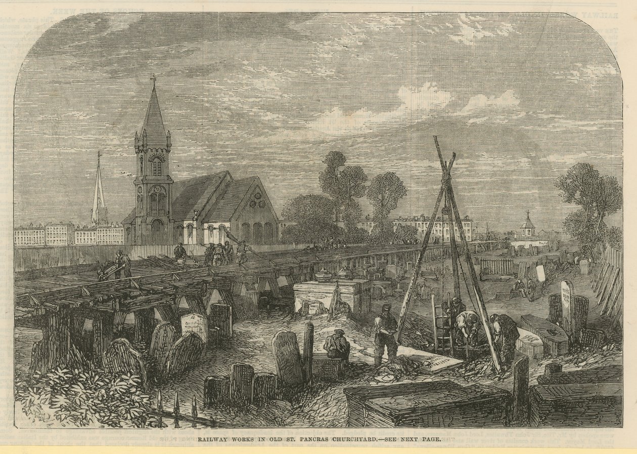 Obras ferroviarias en el cementerio de Old St Pancras (grabado) de English School