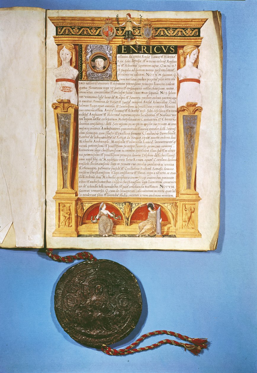 Ratificación por Enrique VIII (1491-1547) del Tratado de Ardres, 17 de julio de 1546 de English School