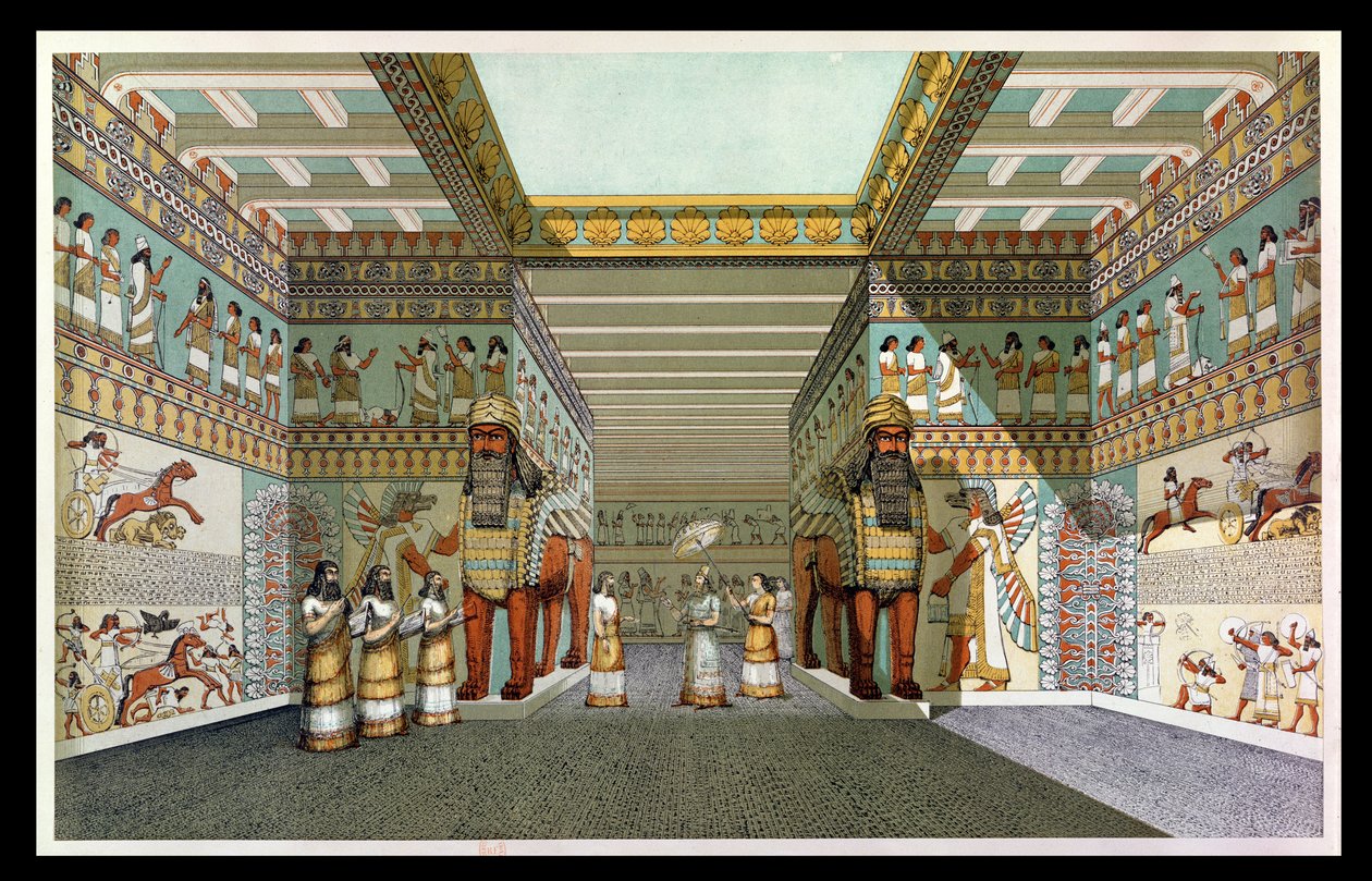 Reconstrucción del salón de un palacio asirio, de Descubrimientos en las ruinas de Nínive y Babilonia por Austen Henry Layard de English School