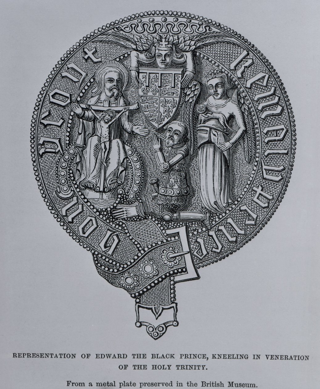 Representación de Eduardo el Príncipe Negro arrodillado en veneración de la Santísima Trinidad de English School