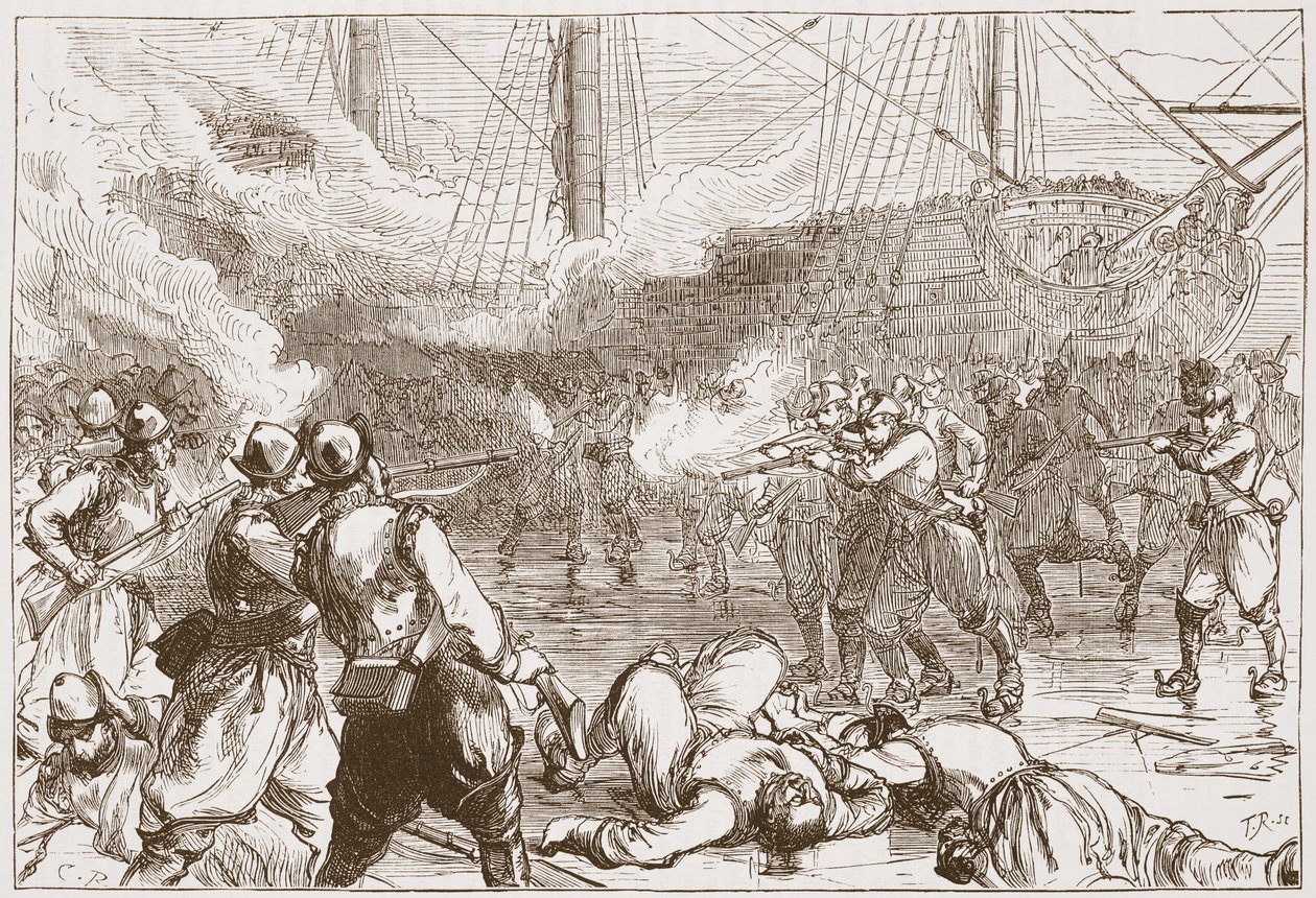 Rechazo de los soldados españoles en Ámsterdam, ilustración de La Historia del Protestantismo de James Aitken Wylie (1808-1890), pub. 1878 de English School