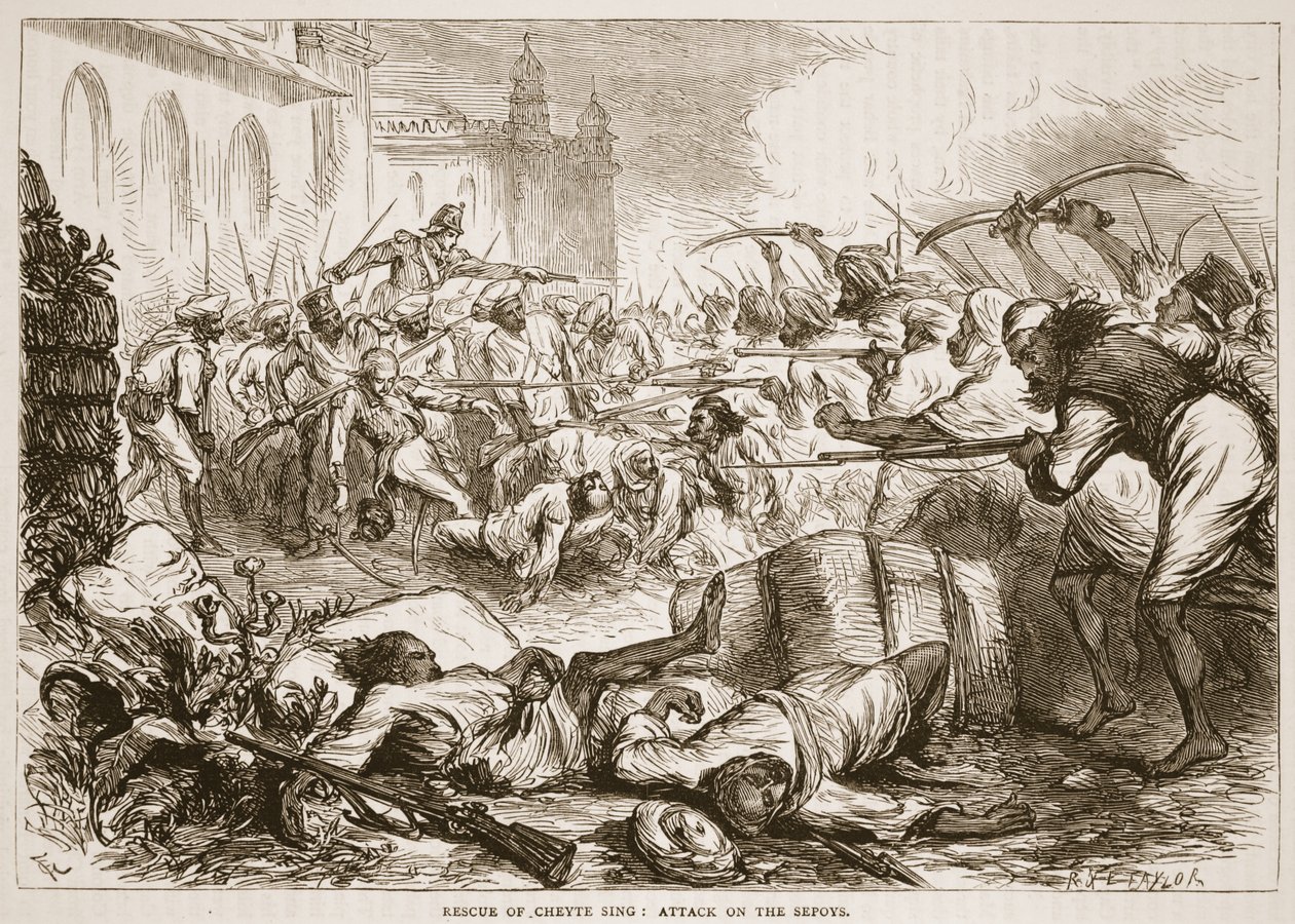 Rescate de Cheyte Sing: ataque a los sepoys, ilustración de Cassells Illustrated History of India de James Grant, pub. 1879 de English School