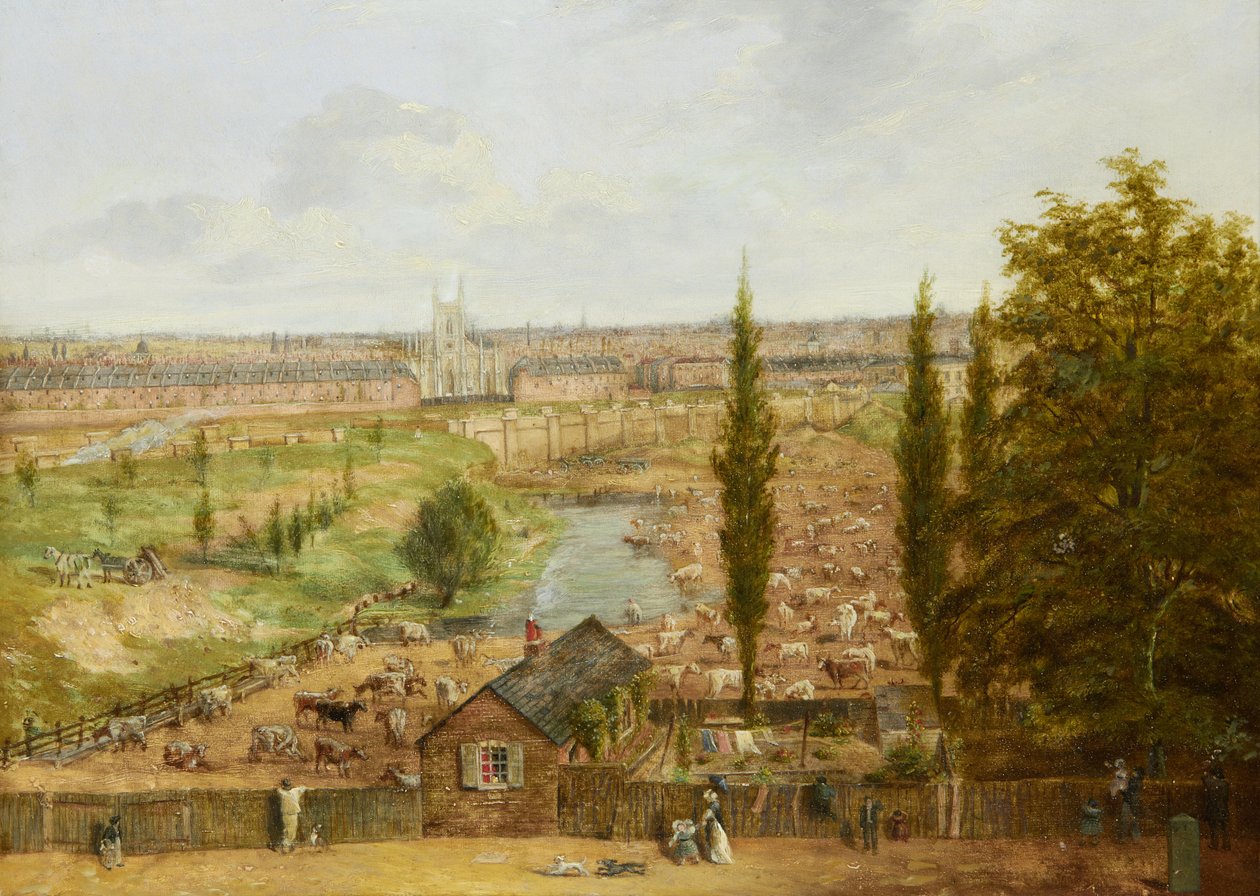 Rhobess Farm en 1844 (ahora Ampthill Square en Camden, Londres); lleva la inscripción "Todo lo que quedaba en el año 1844 de la antaño célebre Rhobess Farm Hampstead Road ahora Ampthill Square" (en el reverso de la etiqueta); óleo sobre tabla; 33 x 45,5 cm de English School