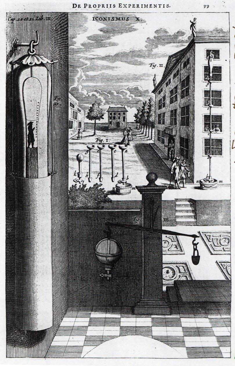 Diseños e ideas de Robert Boyle para la bomba de vacío publicados en 1669 de English School
