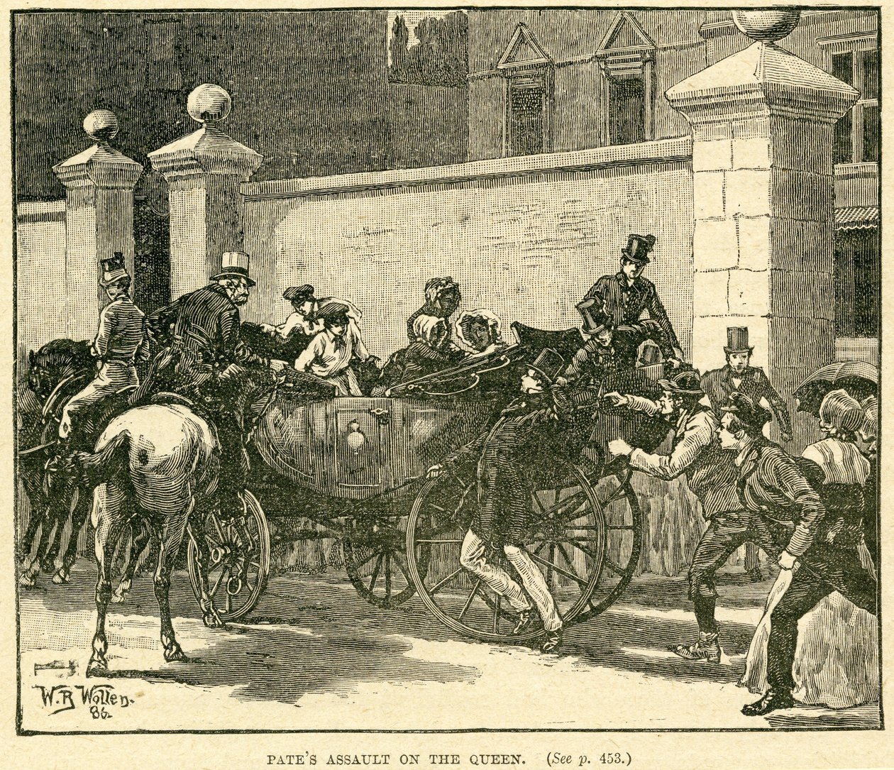 Robert Pates Golpeando a la Reina fuera de Cambridge House, ilustración tomada de The Life and Times of Queen Victoria, Vol. II por Robert Wilson, 1888 de English School