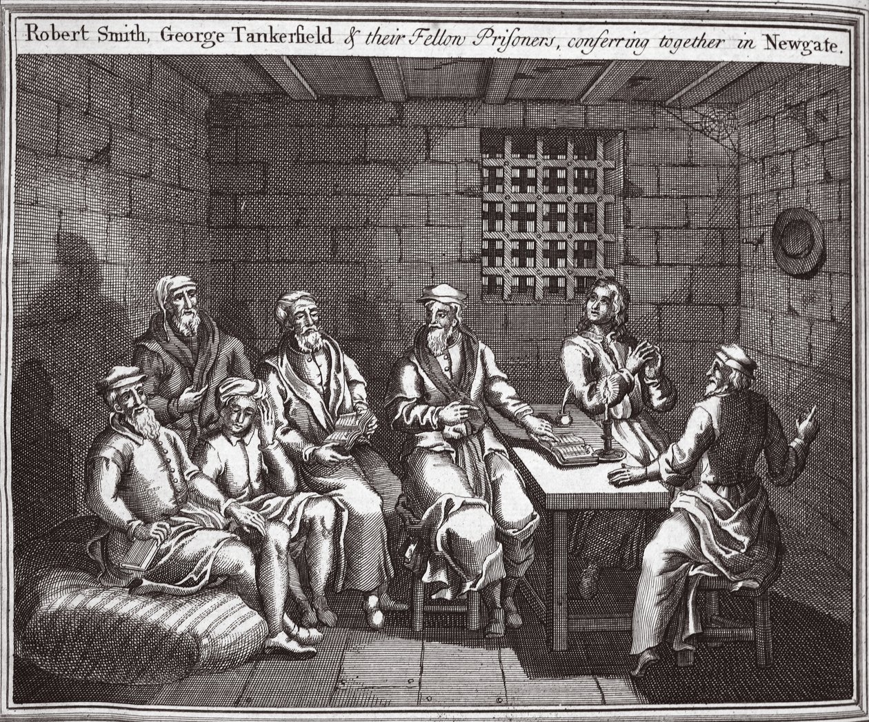 Robert Smith, George Tankerfield y sus compañeros prisioneros, conferenciando juntos en Newgate, ilustración de Mártires de Fox c.1703 de English School
