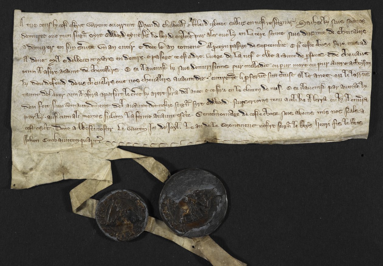 Robert Tybetot: Compromiso de servir en Tierra Santa: 1270. Paen de Chaworth: Compromiso de servir en Tierra Santa: 1270 (tinta sobre pergamino) de English School