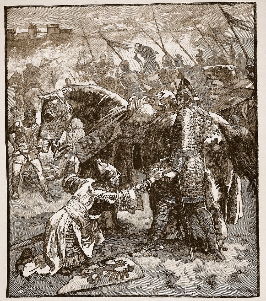 Robert pidiendo perdón a su padre, ilustración de Cassells Illustrated History of England de English School
