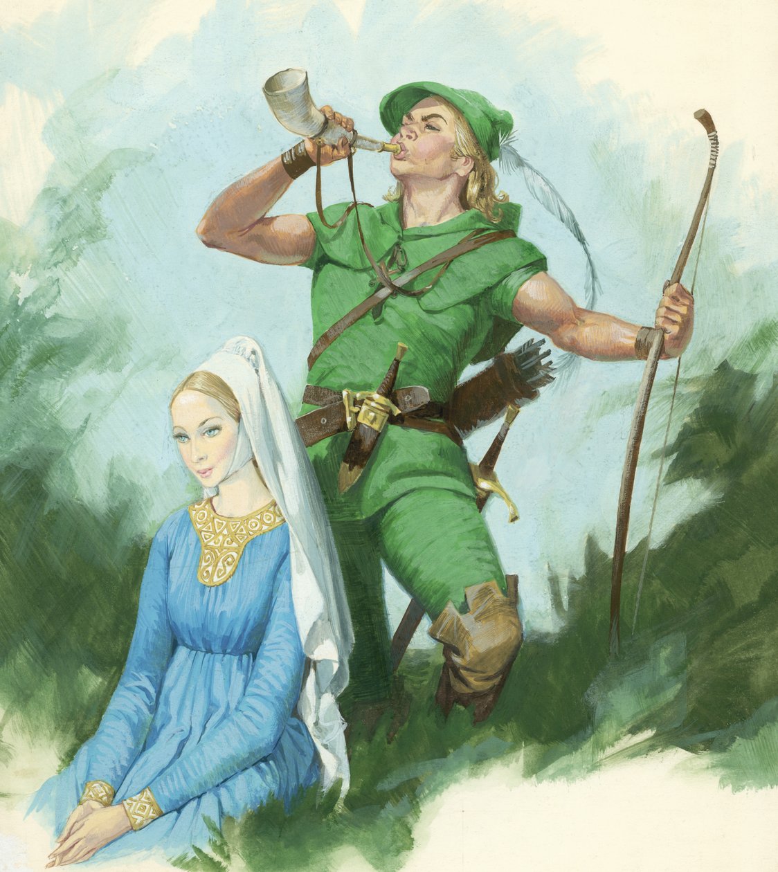 Robin Hood soplando un cuerno (gouache sobre papel) de English School