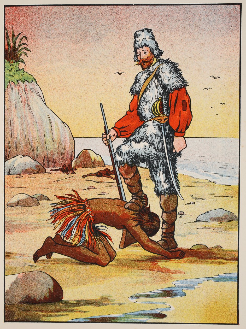 Robinson Crusoe y Viernes, ilustración de La historia de Robinson Crusoe: Una adaptación para niños siguiendo el lenguaje de Defoe, pub. por Griffith Farran Browne & Co. Limited, Londres de English School