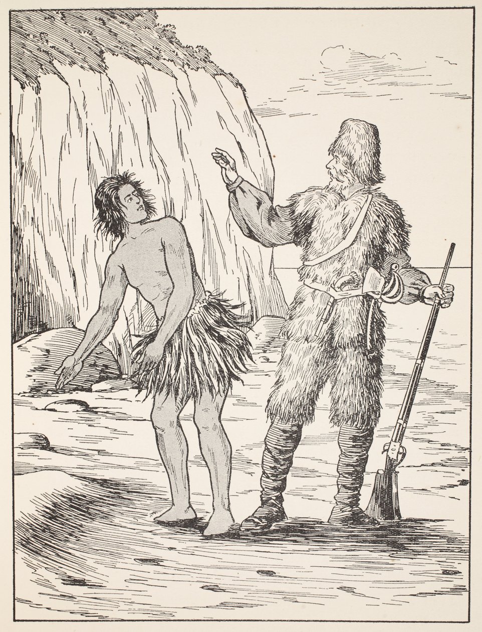 Robinson Crusoe y Viernes, ilustración de La historia de Robinson Crusoe: Una adaptación para niños siguiendo el lenguaje de Defoe, pub. por Griffith Farran Browne & Co. Limited, Londres de English School