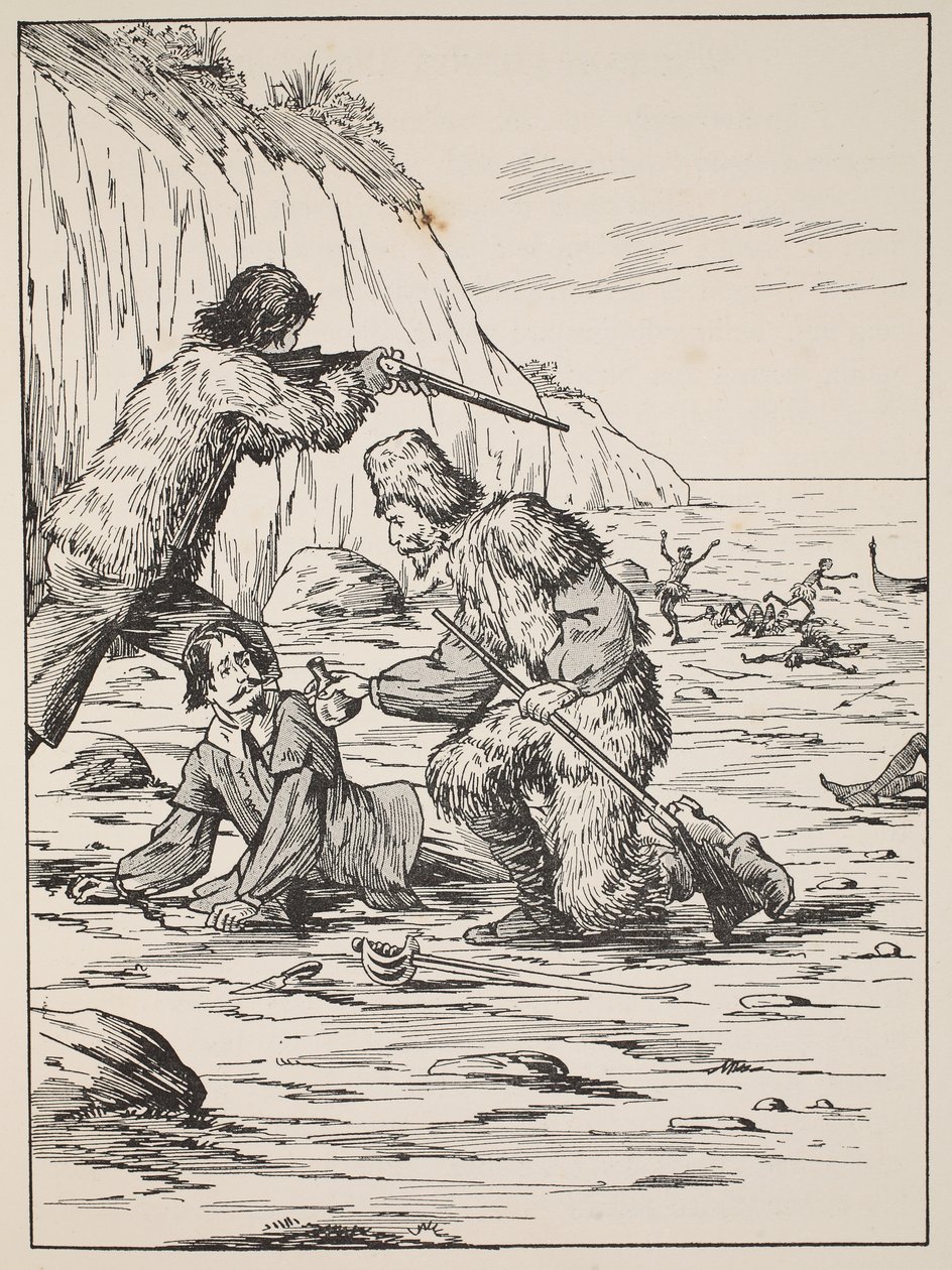 Robinson Crusoe y Viernes rescatando al español, ilustración de La historia de Robinson Crusoe: Una adaptación para niños siguiendo el lenguaje de Defoe, pub. por Griffith Farran Browne & Co. Limited, Londres de English School
