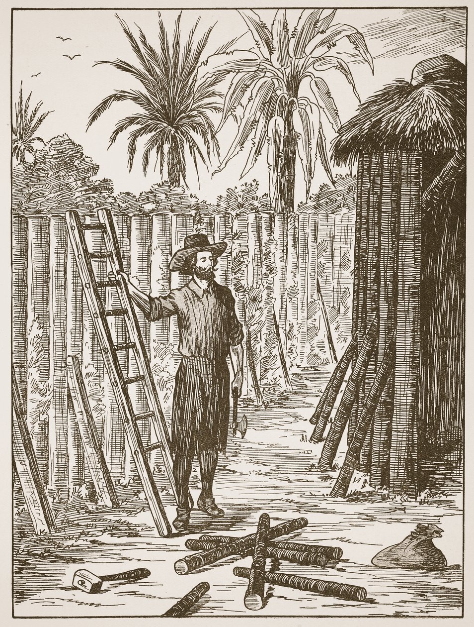 Robinson Crusoe construyendo su enramada, ilustración de La historia de Robinson Crusoe: Una adaptación para niños siguiendo el lenguaje de Defoe, pub. por Griffith Farran Browne & Co. Limited, Londres de English School