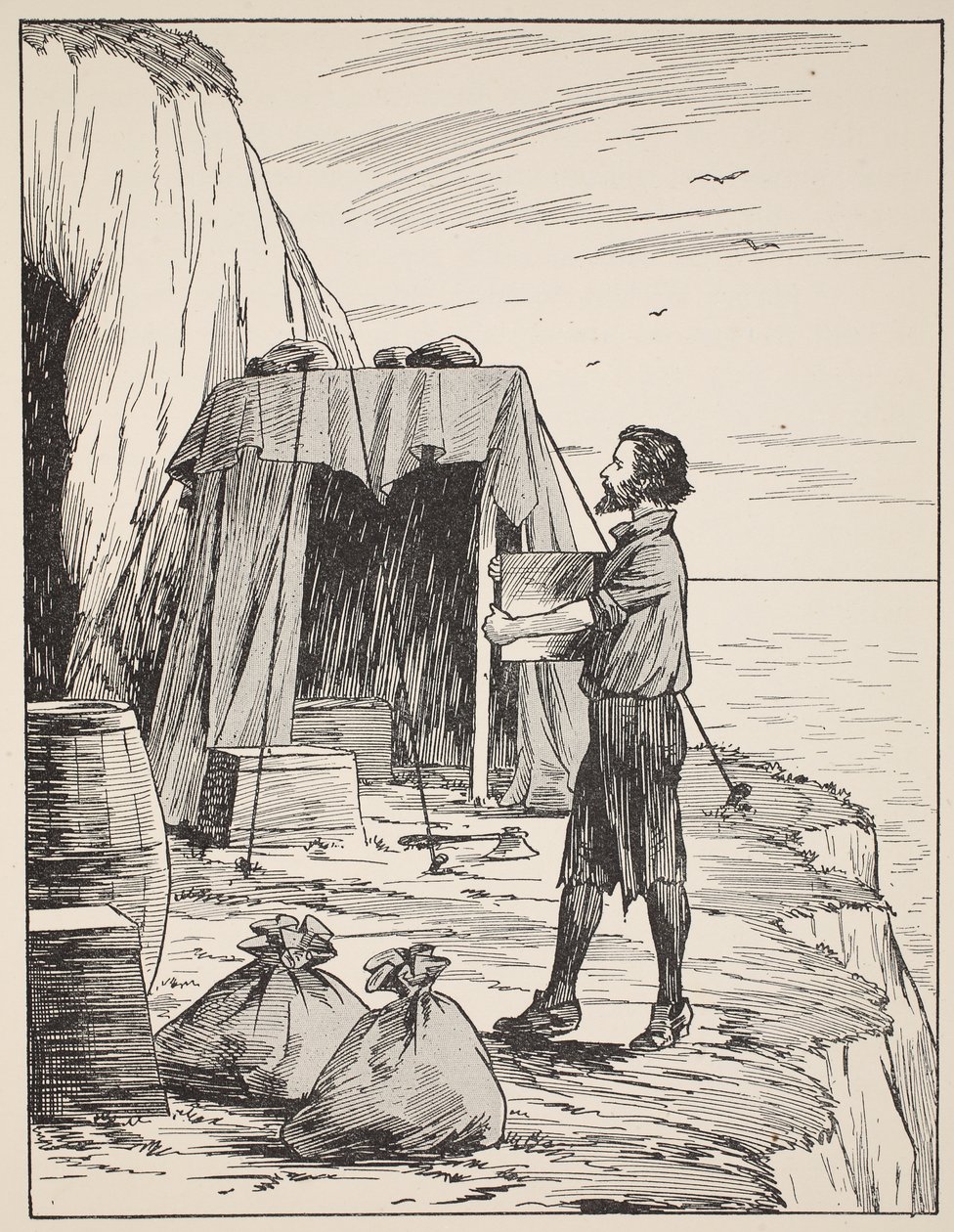 Robinson Crusoe construyendo su refugio, ilustración de La historia de Robinson Crusoe: Una adaptación para niños siguiendo el lenguaje de Defoe, pub. por Griffith Farran Browne & Co. Limited, Londres de English School