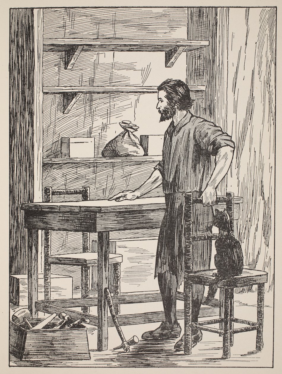 Robinson Crusoe construyendo mesa y sillas para su cueva, ilustración de La historia de Robinson Crusoe: Una adaptación para niños siguiendo el lenguaje de Defoe, pub. por Griffith Farran Browne & Co. Limited, Londres de English School