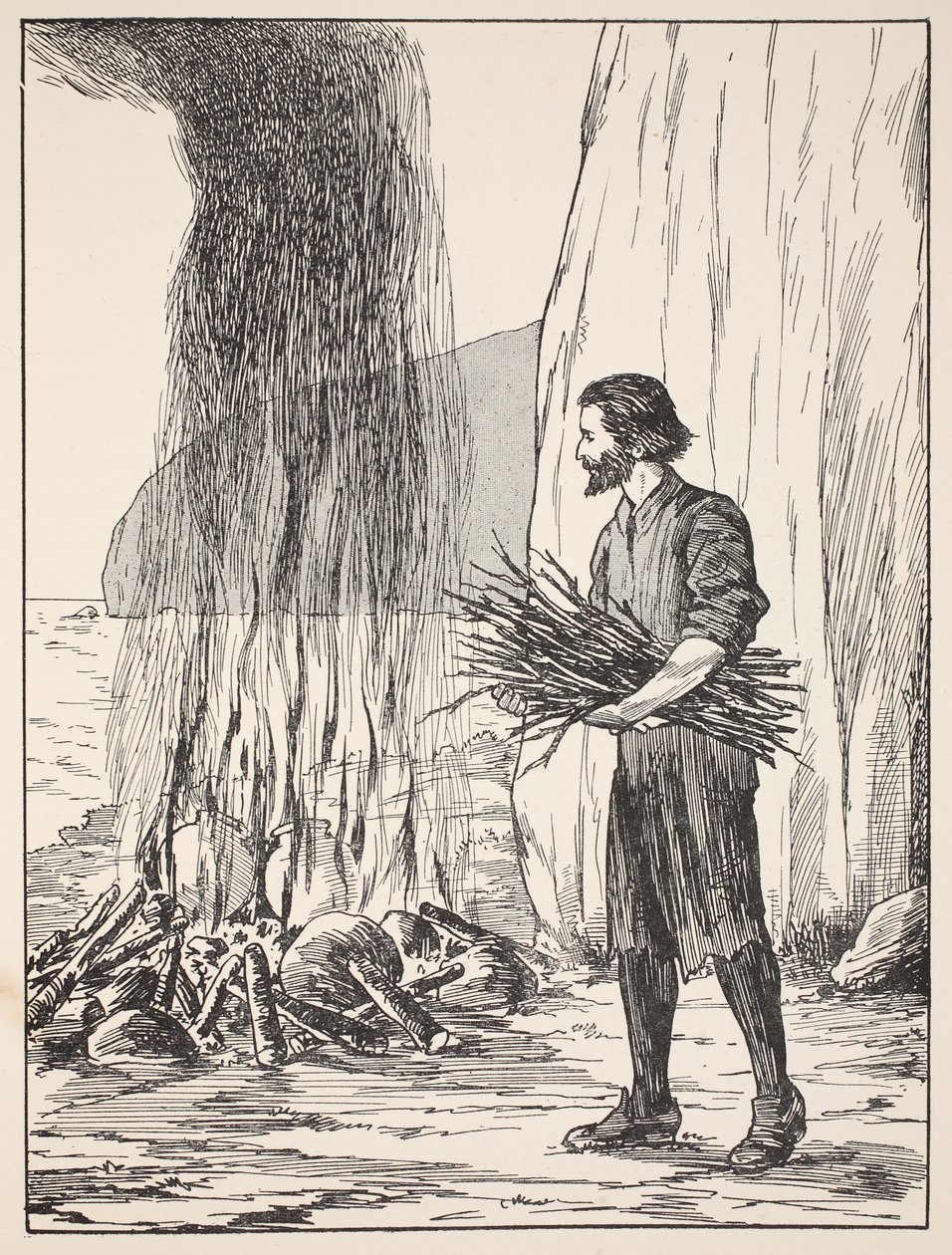 Robinson Crusoe cocinando, ilustración de La historia de Robinson Crusoe: Una adaptación para niños siguiendo el lenguaje de Defoe, pub. por Griffith Farran Browne & Co. Limited, Londres de English School