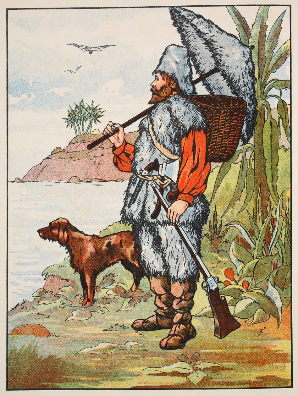 Robinson Crusoe, ilustración de La historia de Robinson Crusoe: Una adaptación para niños siguiendo el lenguaje de Defoe, pub. por Griffith Farran Browne & Co. Limited, Londres de English School