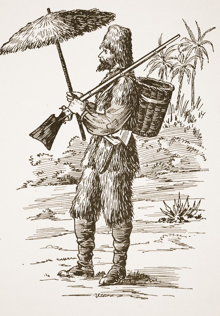 Robinson Crusoe, ilustración de La historia de Robinson Crusoe: Una adaptación para niños siguiendo el lenguaje de Defoe, pub. por Griffith Farran Browne & Co. Limited, Londres de English School