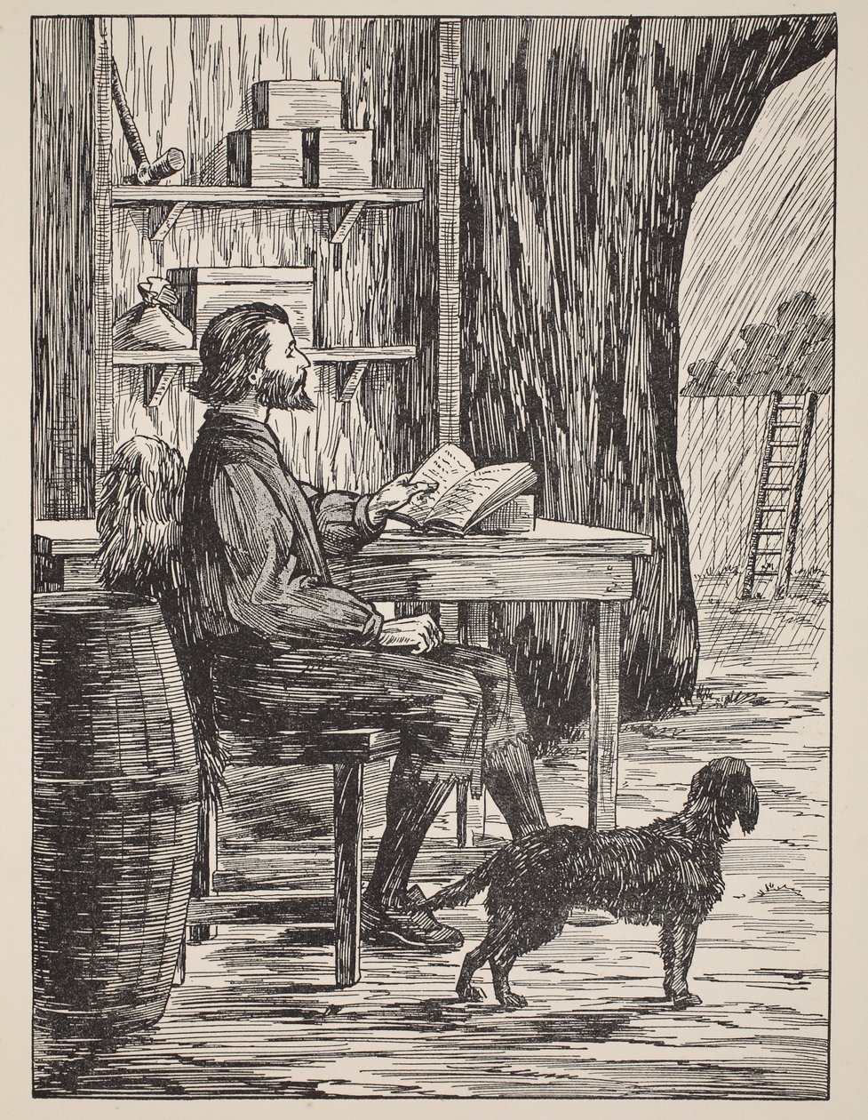 Robinson Crusoe en su cueva, ilustración de La historia de Robinson Crusoe: Una adaptación para niños siguiendo el lenguaje de Defoe, pub. por Griffith Farran Browne & Co. Limited, Londres de English School
