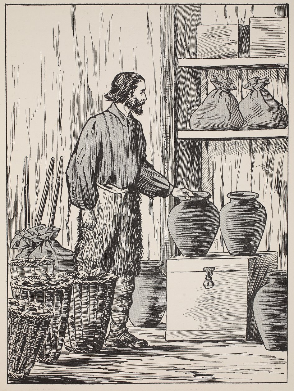 Robinson Crusoe en su almacén, ilustración de La historia de Robinson Crusoe: Una adaptación para niños siguiendo el lenguaje de Defoe, pub. por Griffith Farran Browne & Co. Limited, Londres de English School