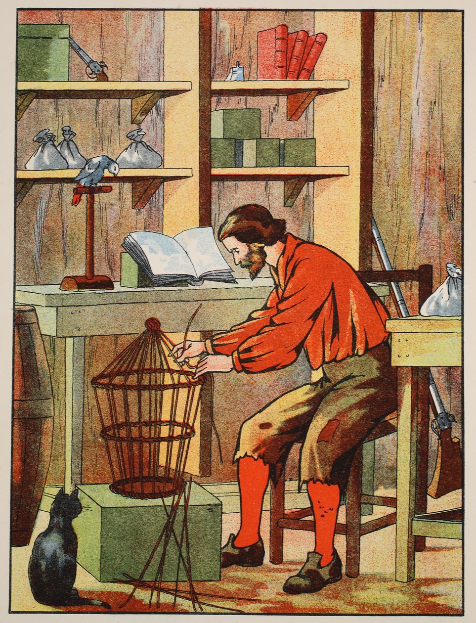Robinson Crusoe haciendo una jaula para su loro, ilustración de La historia de Robinson Crusoe: Una adaptación para niños siguiendo el lenguaje de Defoe, pub. por Griffith Farran Browne & Co. Limited, Londres de English School
