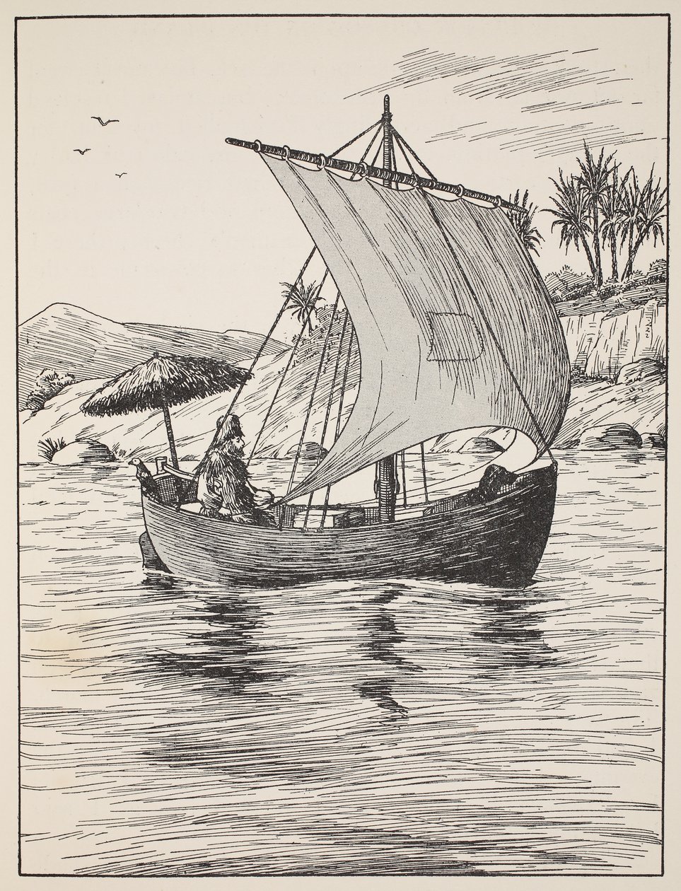 Robinson Crusoe en su bote, ilustración de La historia de Robinson Crusoe: Una adaptación para niños siguiendo el lenguaje de Defoe, pub. por Griffith Farran Browne & Co. Limited, Londres de English School